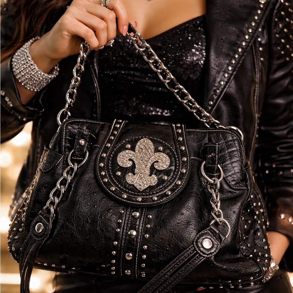 Studded Black Leather Shoulder Bag with Crystal Fleur-de-Lis Accent